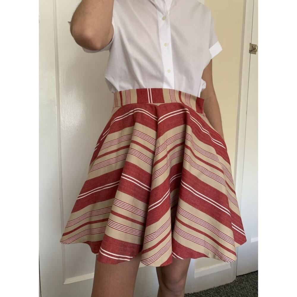 NWT Zara Woman Circle Skirt Knee Length Womens Sz Medium Pockets Stripes Red Tan